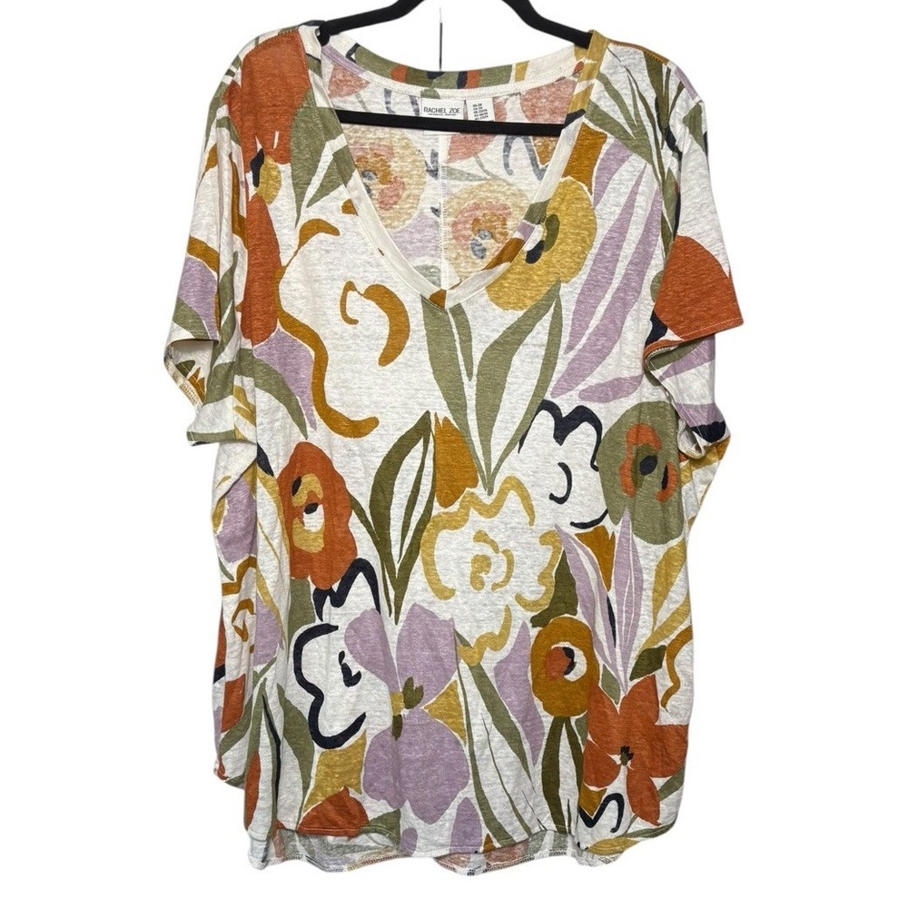 Rachel Zoe 100% Linen Colorful Geometric V-Neck Blouse Size 2X
